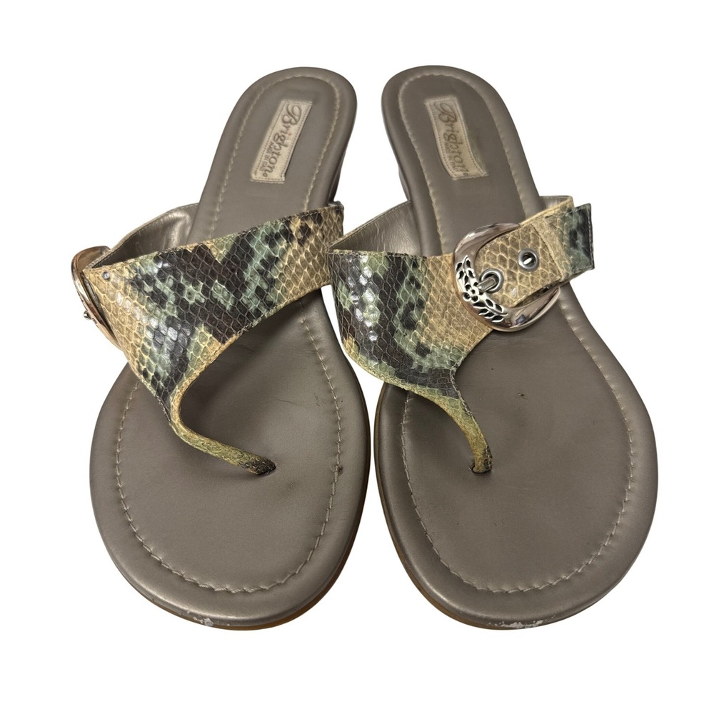 Brighton Snakeskin-Pattern Wedge Sandals in Tan and Green